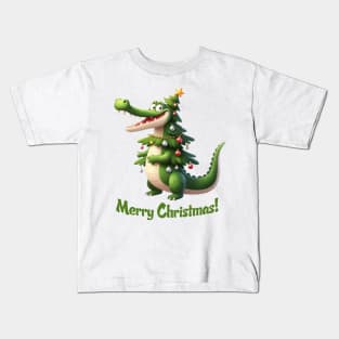 Cute Gator Christmas Tree Illustration Kids T-Shirt